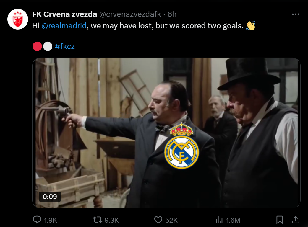 Video Yang Diunggah Melalui akun X FK Crvena zvezda Terlihat Memberikan Ejekan atau Candaan Untuk Real Madrid