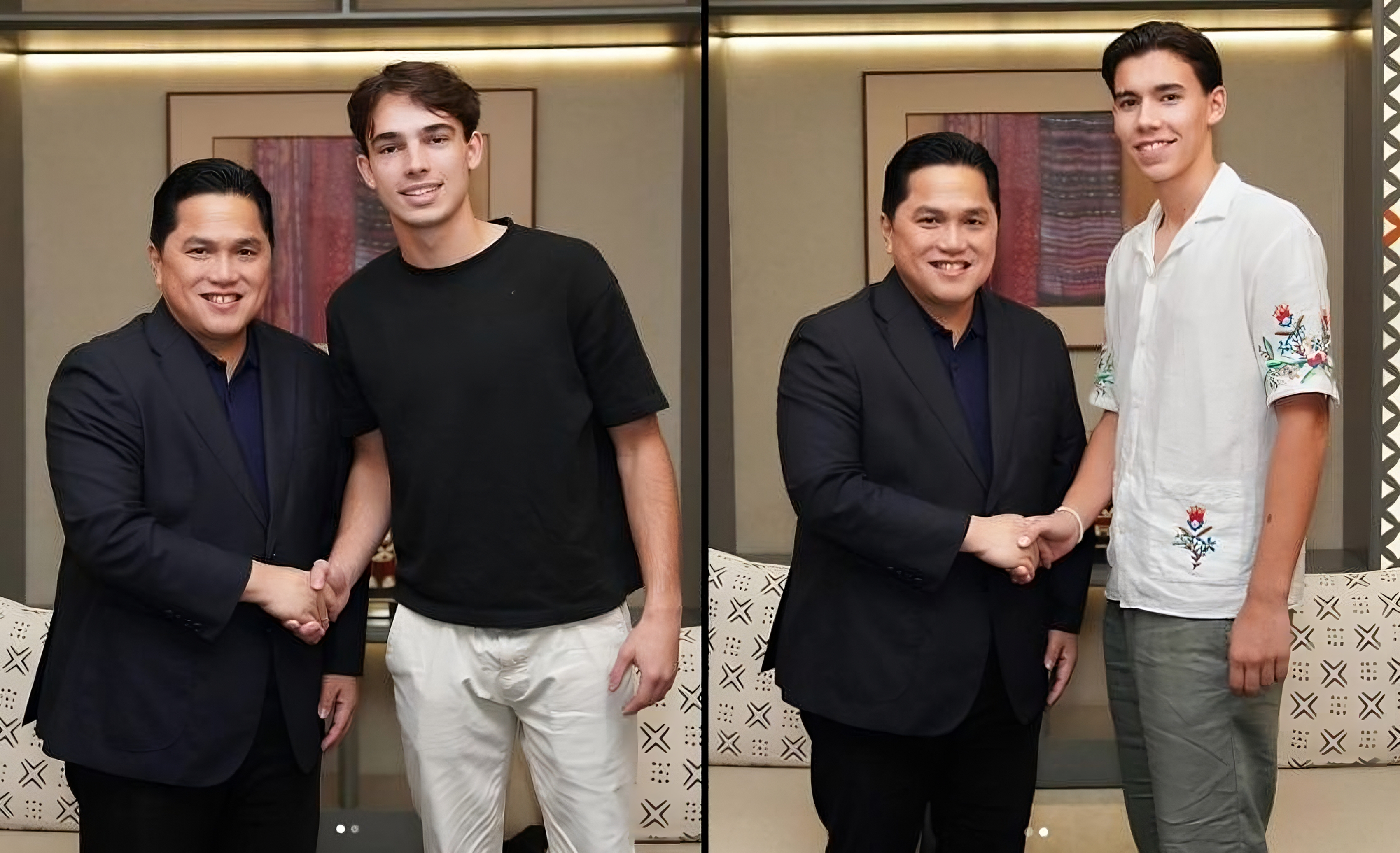 Ketua Umum PSSl, Erick Thohir, mengunggah foto bersama calon pemain naturalisasi Timnas U20 indonesia, Tim Geypens dan Dion Markx, pada Kamis (14/11/2024) malam WIB. (INSTAGRAM/Erick Thohir)