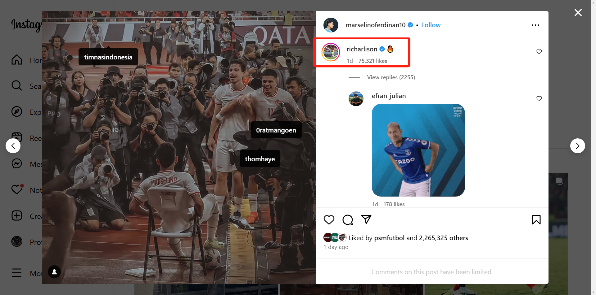 Striker Tottenham Hotspurs Richarlison membuat para supporter Timnas Indonesia heboh setelah meninggalkan komentar di unggahan Marselino Ferdinan (Doc/Instagram_@marselinoferdinan10)