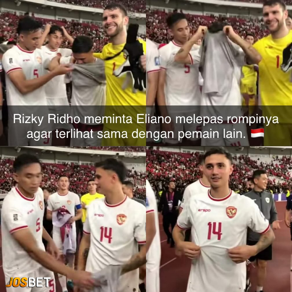 Rizky Ridho meminta Eliano Reijinders mencopot rompi cadangan saat perayaan kemenangan 2-0 atas Arab Saudi diSUGBK, Selasa (19/11/2024). (Doc.Kabarbolaterbaru.com)